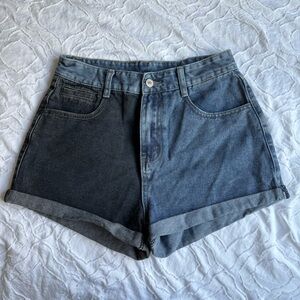 Two-Tone Contrast Colorblock Denim Women's Shorts Black Denim with Blue Denim